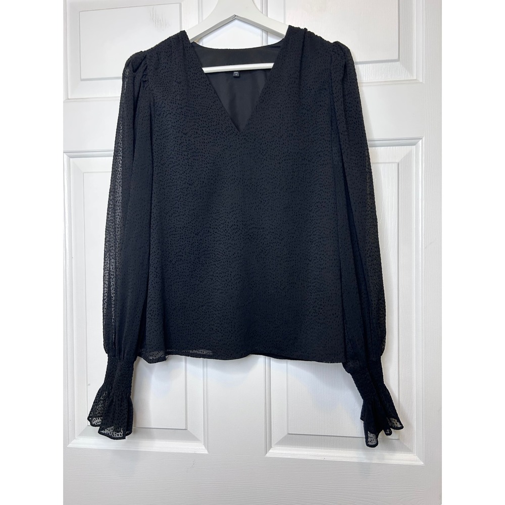 Express V-Neck Blouse Medium Black Flocked Smocked Cuff Puff